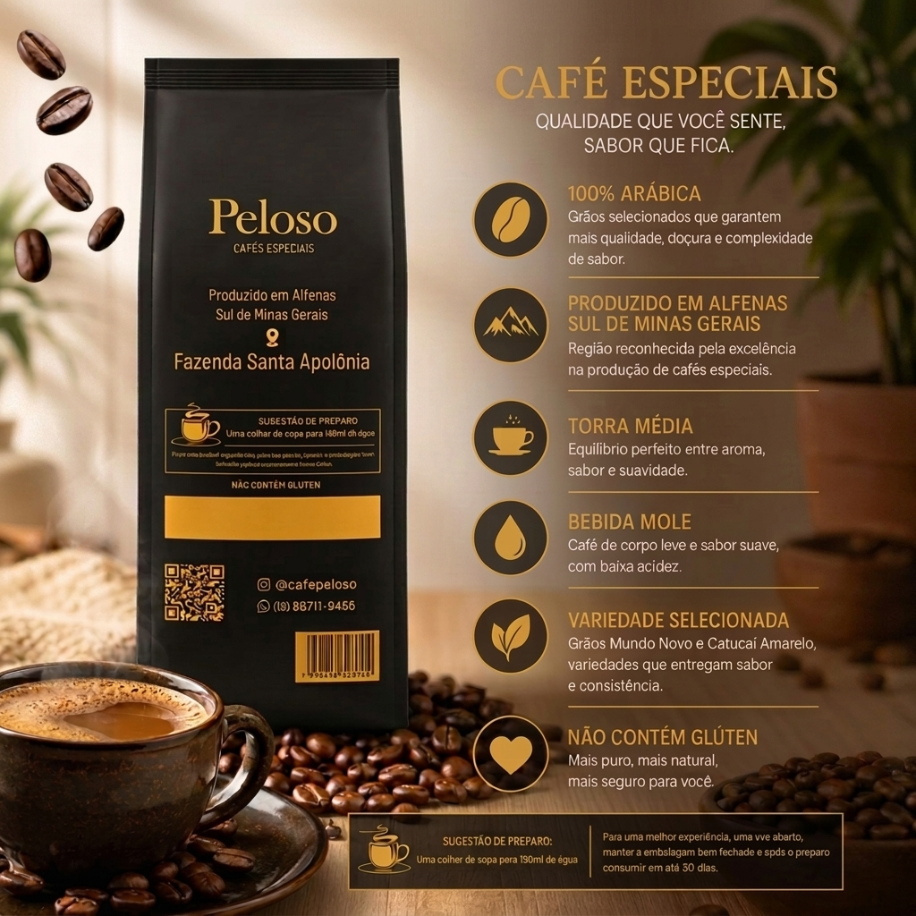 Café Peloso Especial - infográfico com diferenciais do produto