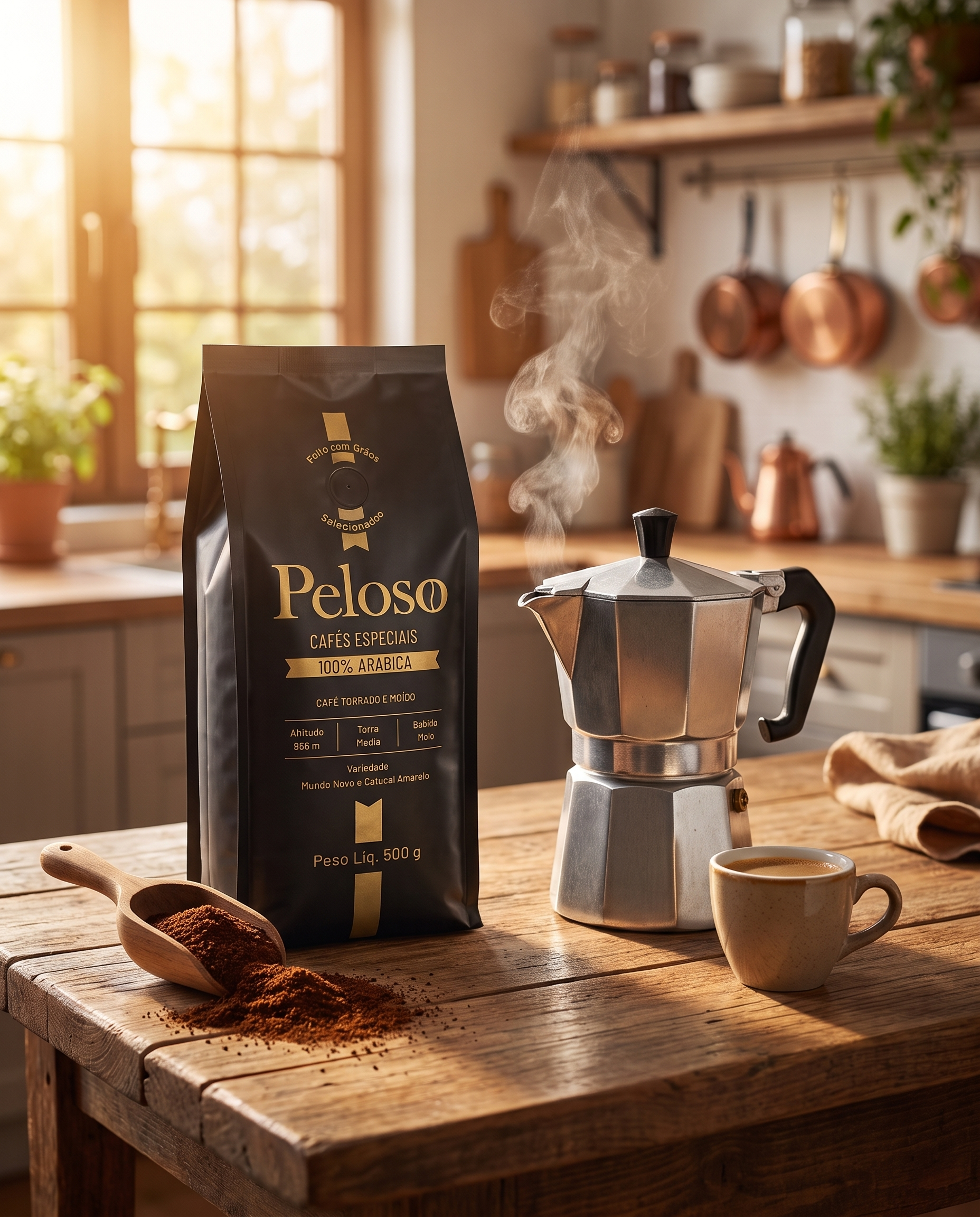 Café Peloso Especial Moído 500g - foto lifestyle com cafeteira moka